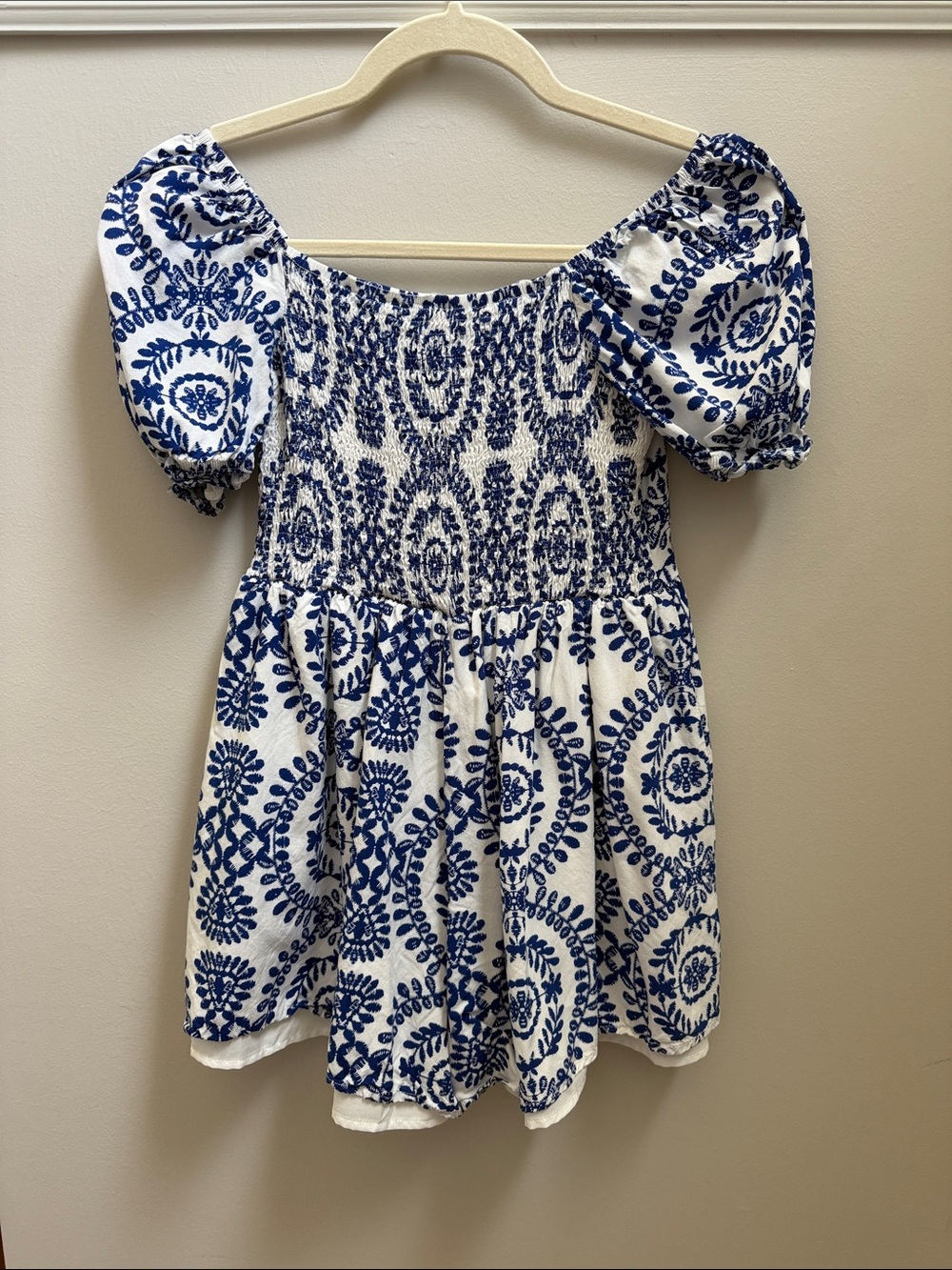 Girls Blue and White Smocked Puff-Sleeve Romper Dress Sz 13